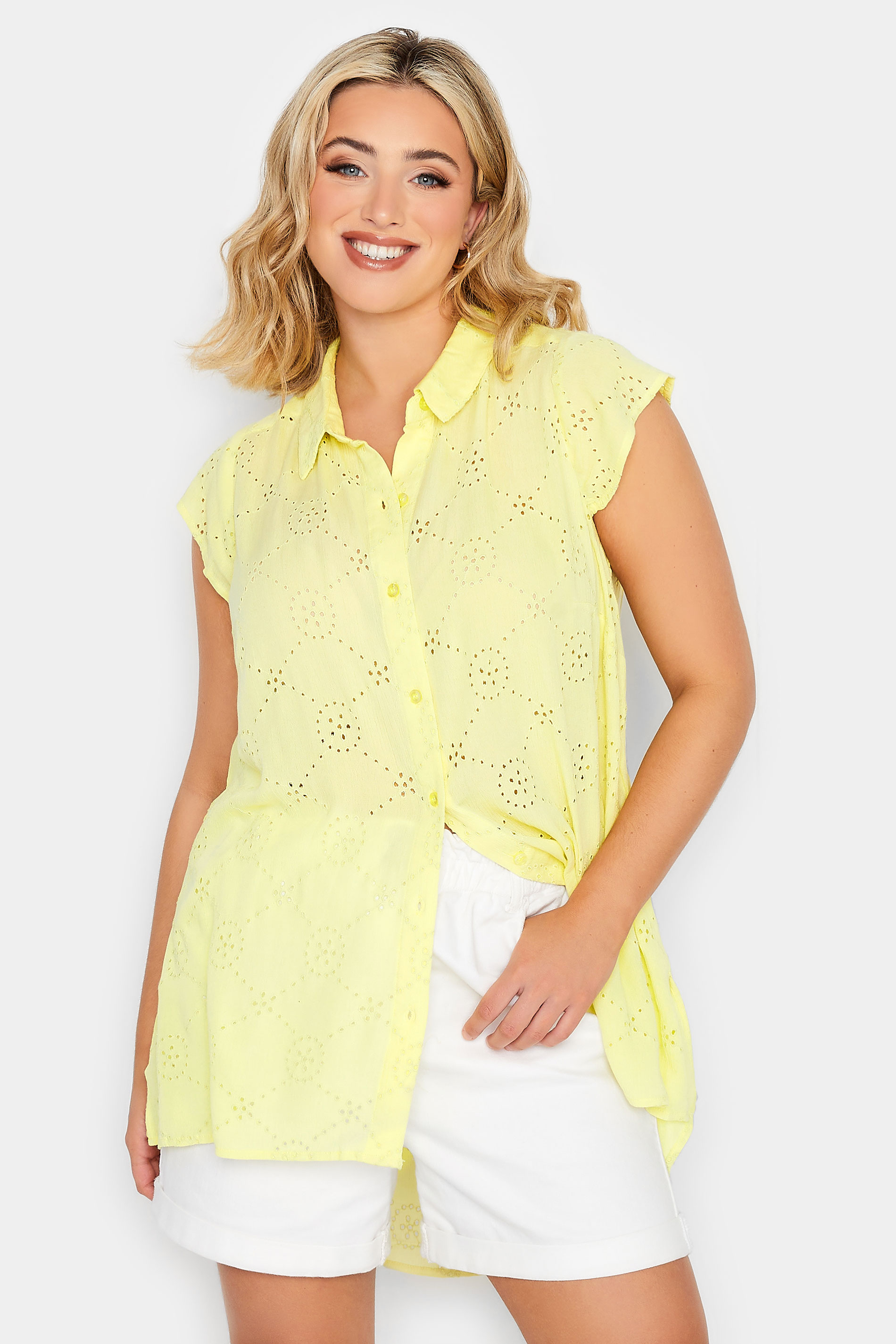 YOURS Plus Size Yellow Broderie Anglaise Sleeveless Blouse | Yours Clothing 1