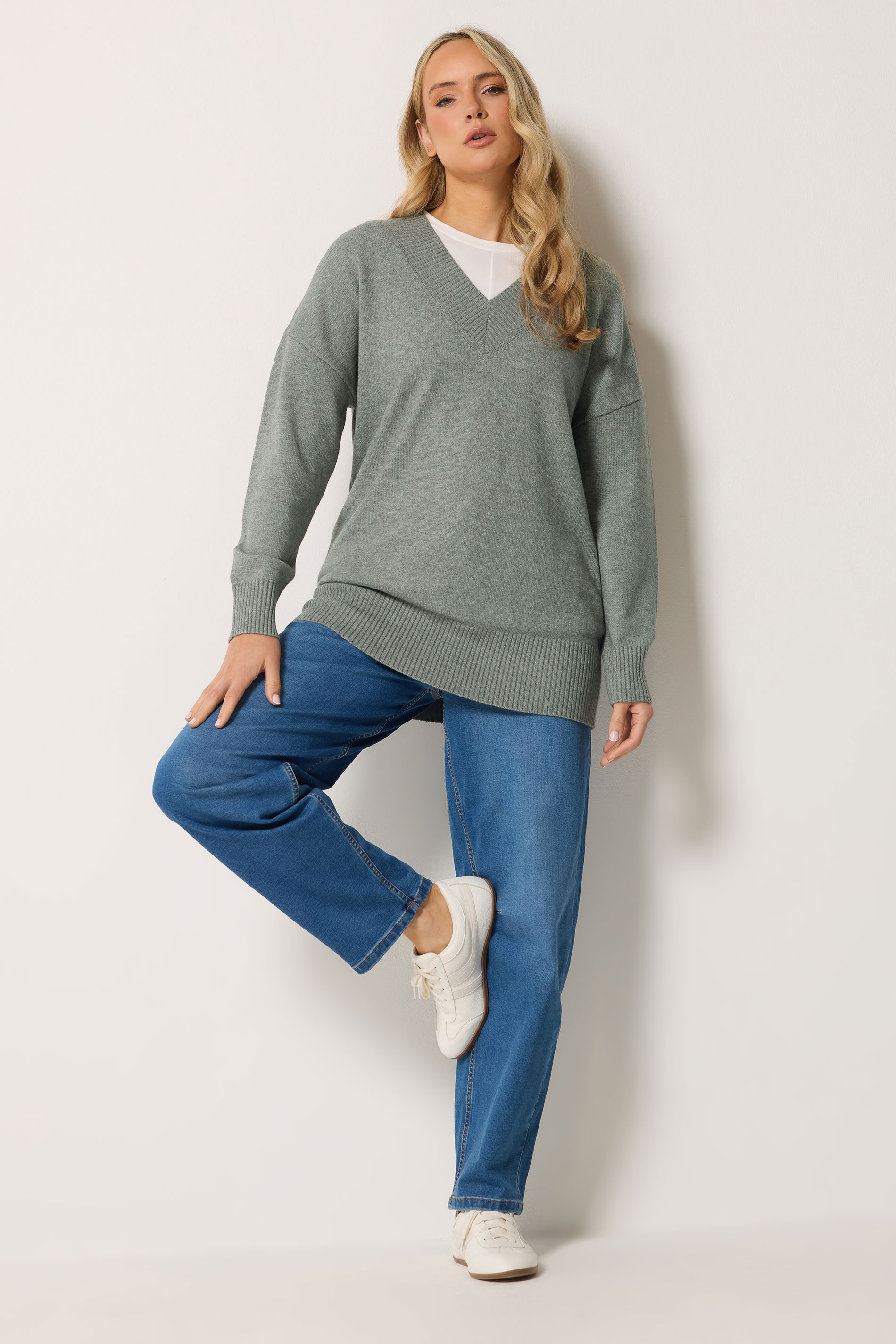 LTS Tall Women's Grey V-Neck Knitted Jumper | Long Tall Sally 1