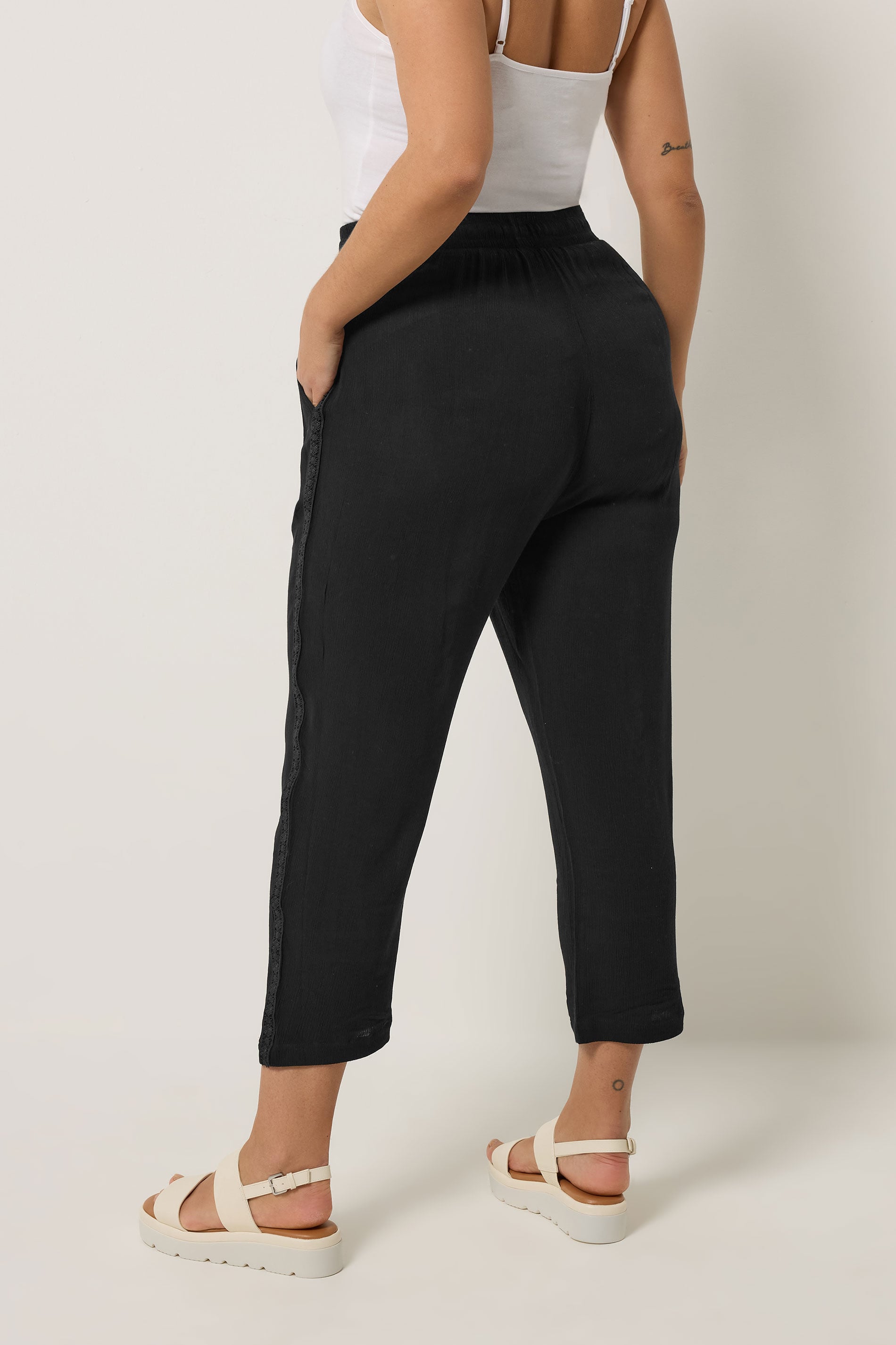 YOURS Plus Size Black Crochet Side Crop Trousers | Yours Clothing 2