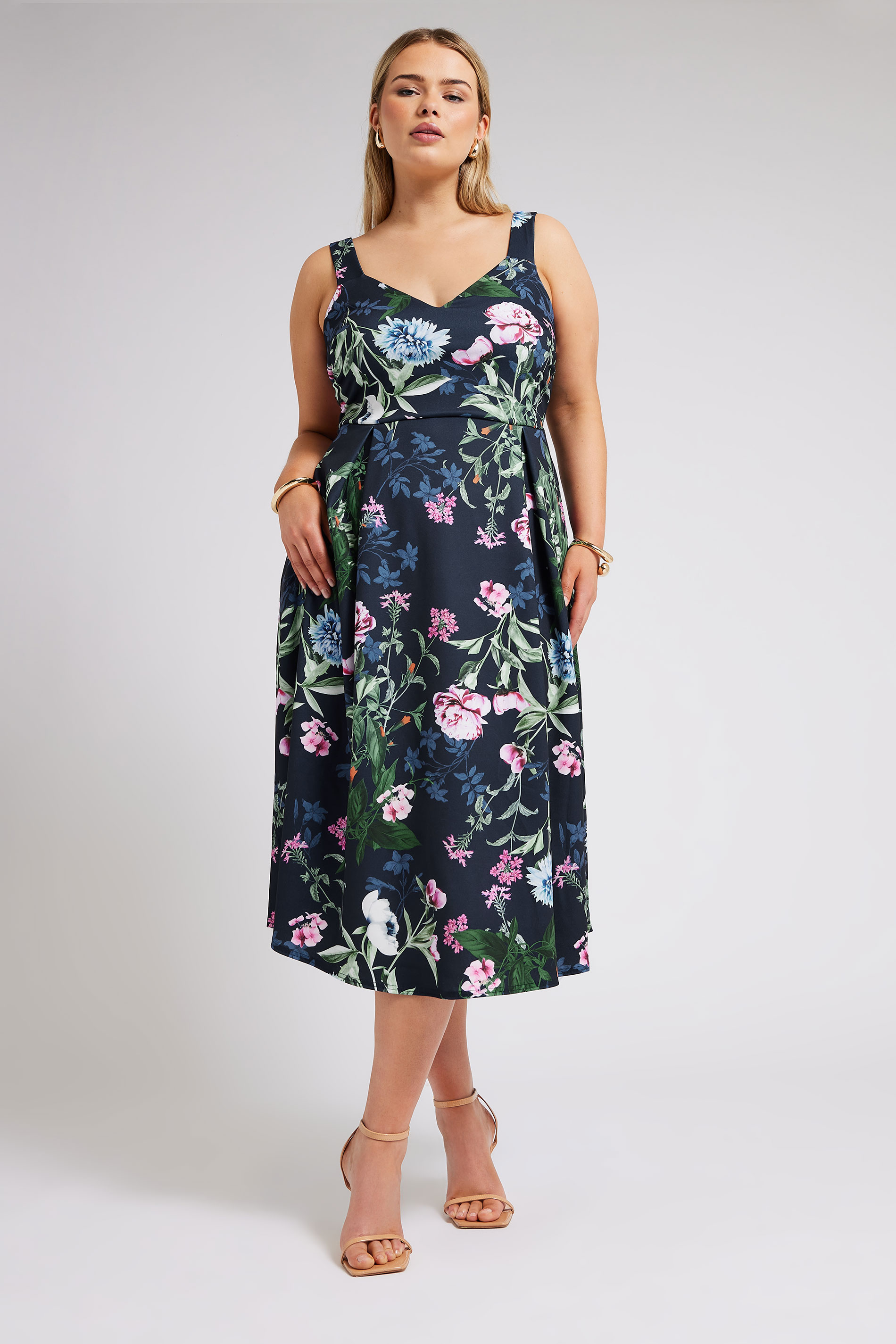 YOURS LONDON Plus Size Navy Blue Floral Square Neck Dress | Yours Clothing 2