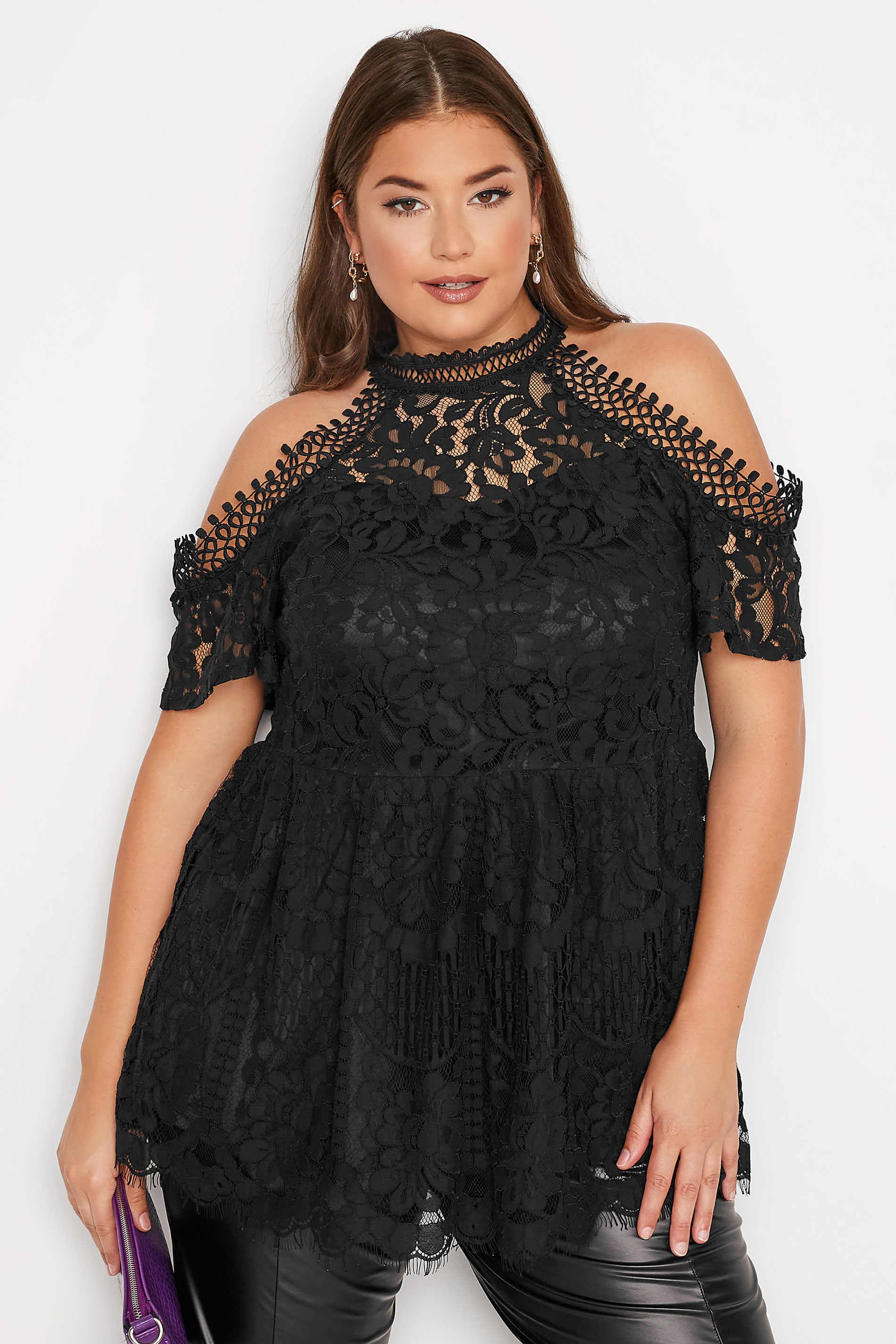 YOURS LONDON Plus Size Black Cold Shoulder Lace Peplum Top | Yours Clothing 1
