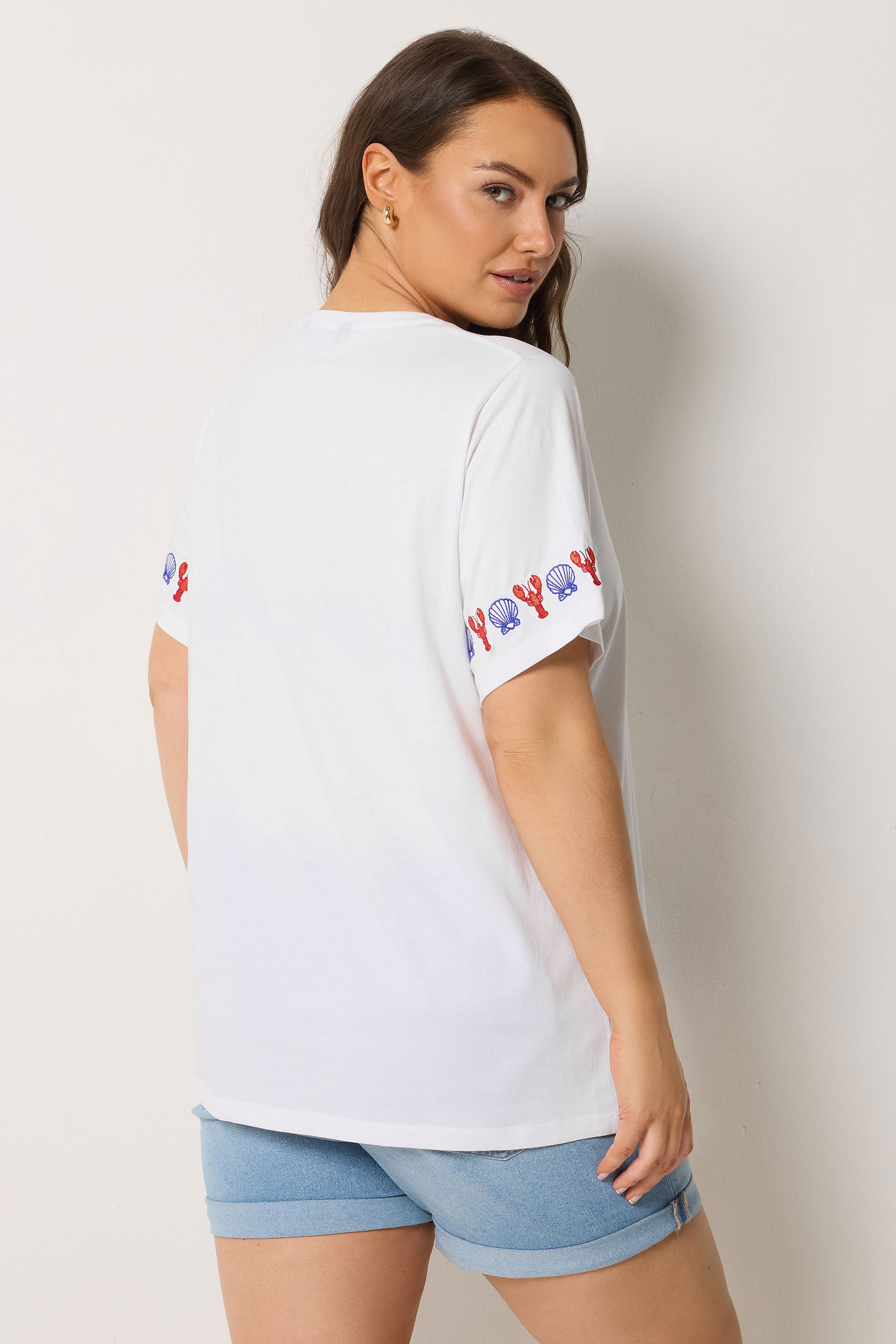 YOURS Plus Size White Embroidered Lobster Sleeve Detail T-Shirt | Yours Clothing 2