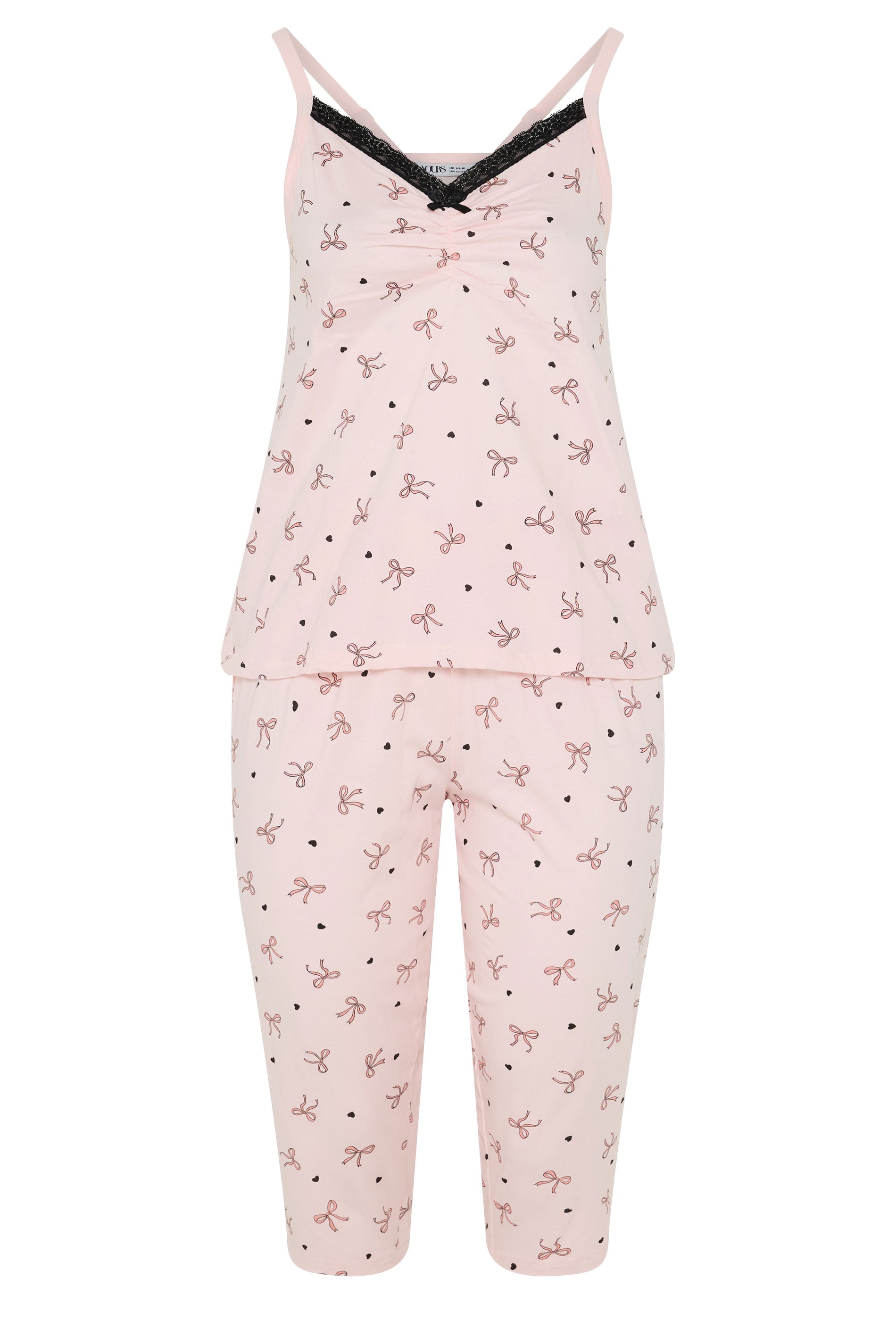 YOURS Plus Size Pink Bow & Heart Cami Cropped Pyjama Set | Yours Clothing 5