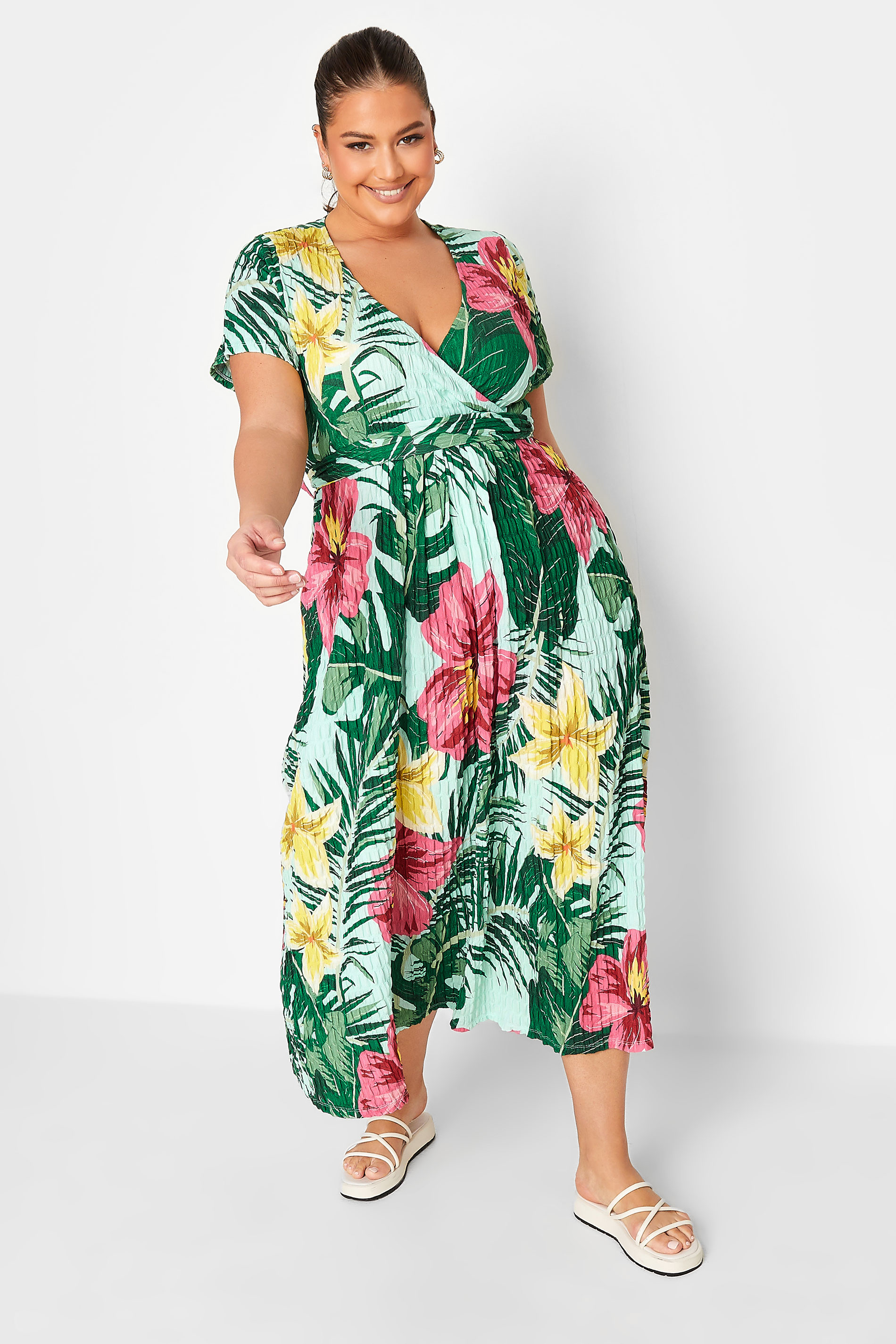 YOURS Curve Plus Size Green & Pink Tropical Floral Print Wrap Dress | Yours Clothing 1