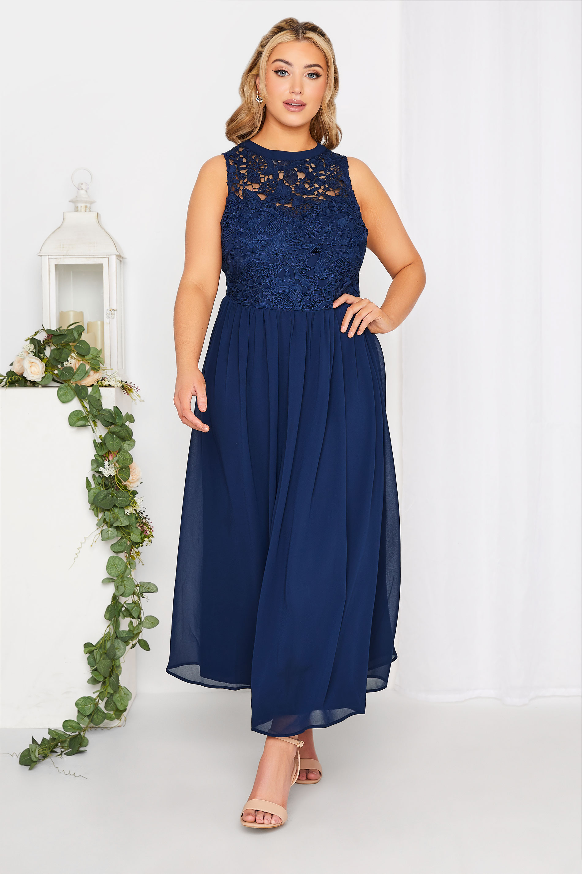 Plus Size YOURS LONDON Curve Navy Blue Lace Front Chiffon Maxi Dress | Yours Clothing  1