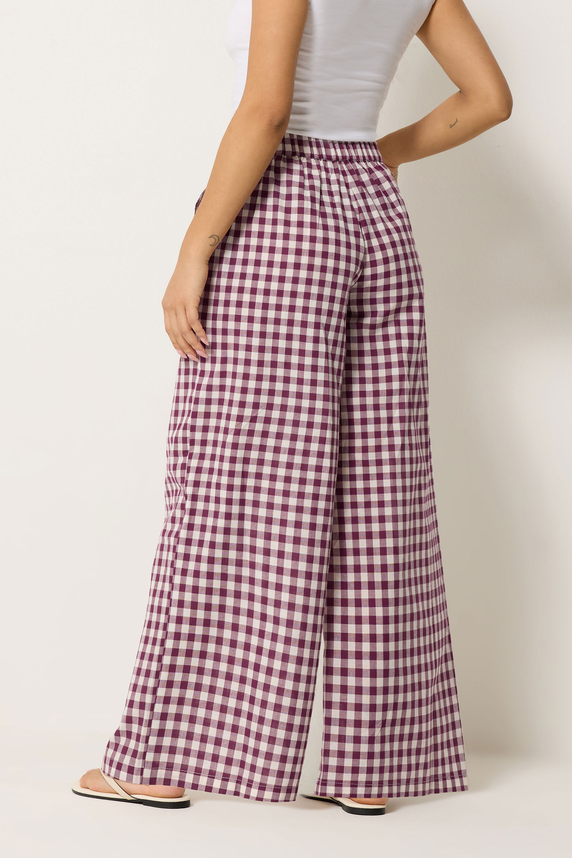 PixieGirl Petite Women's Burgundy Red Gingham Cotton Wide Leg Trousers | PixieGirl 2