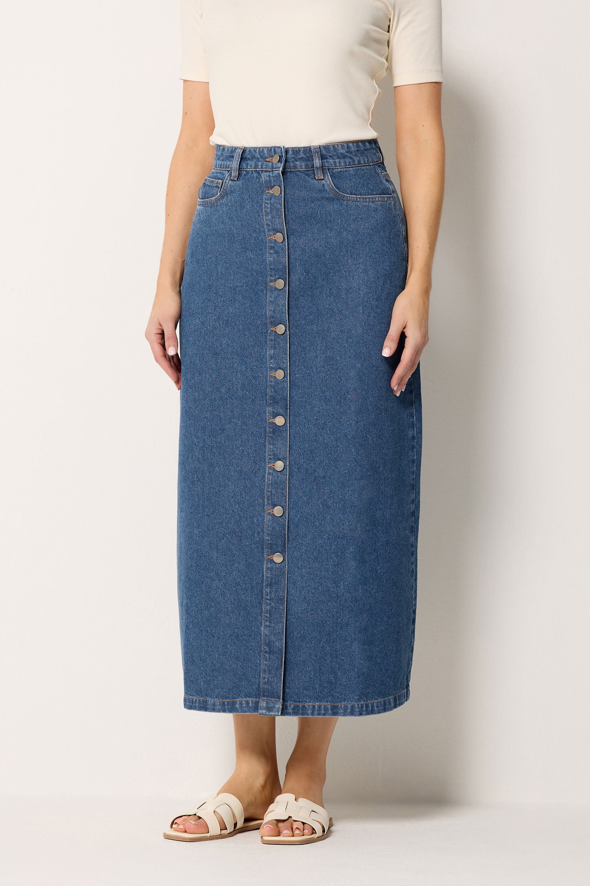 LTS Tall Women's Mid Blue Button Denim Maxi Skirt | Long Tall Sally 2