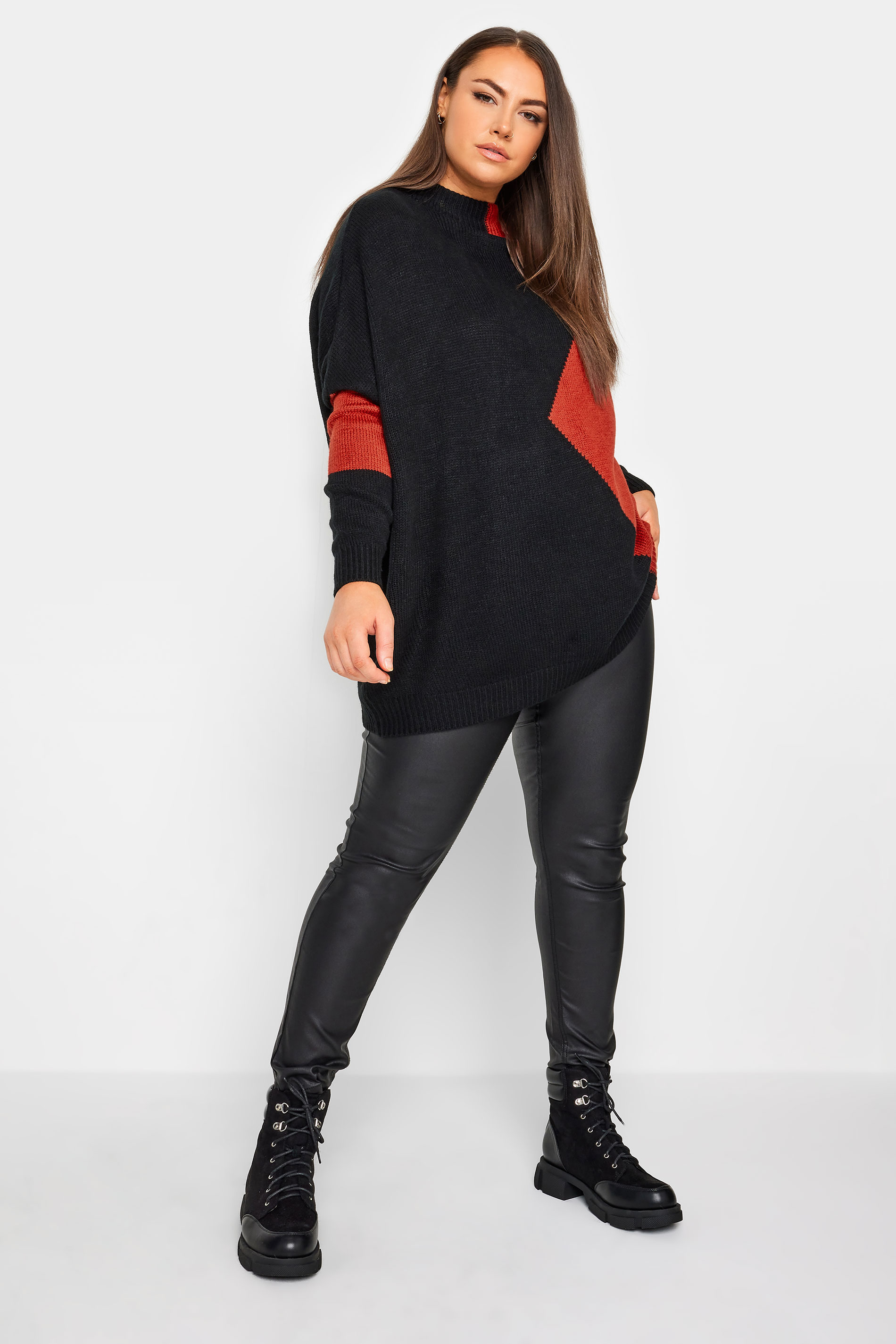 YOURS Plus Size Black & Rust Orange Colourblock Knitted Jumper | Yours Clothing 2