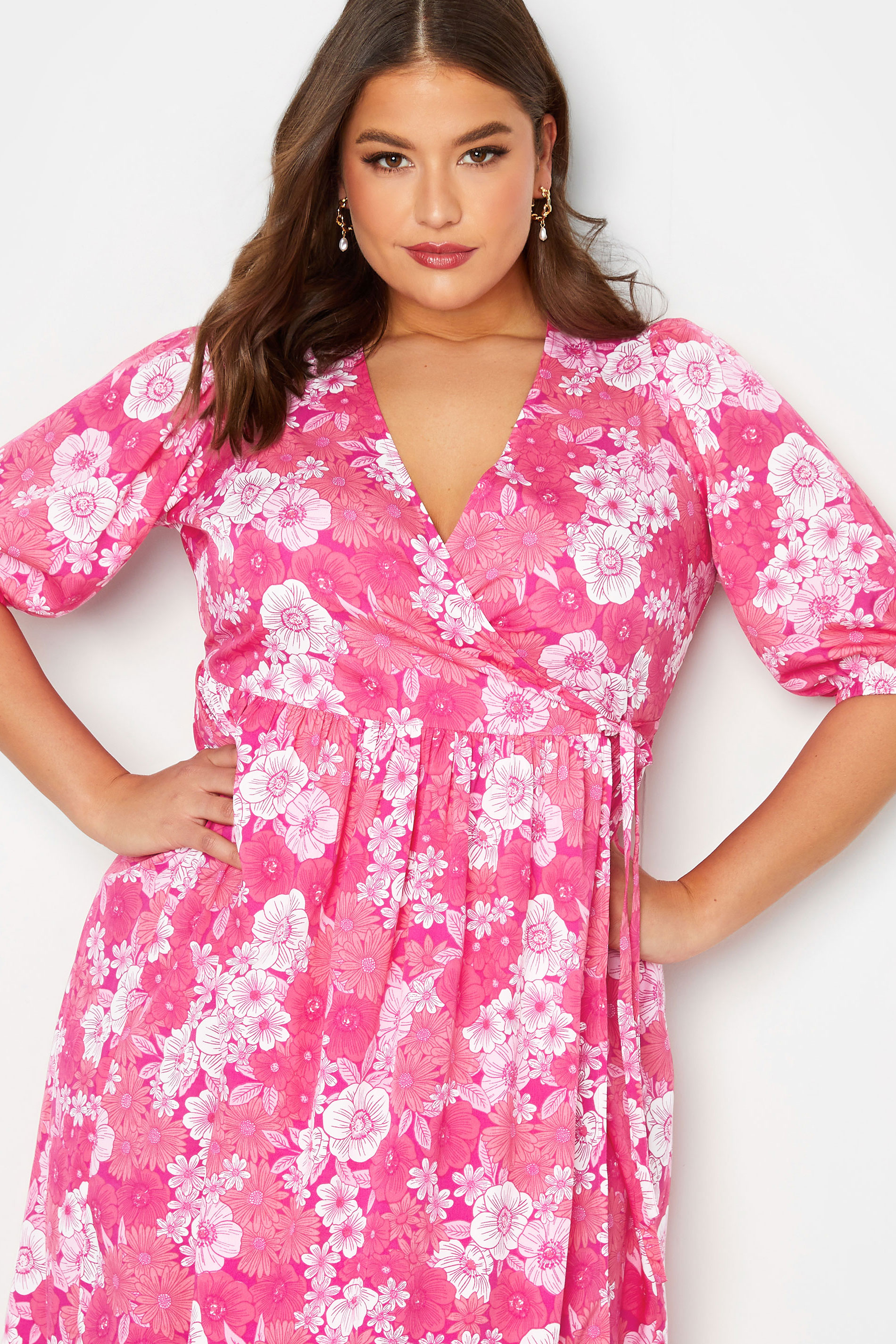 LIMITED COLLECTION Curve Plus Size Pink Floral Wrap Midaxi Dress ...
