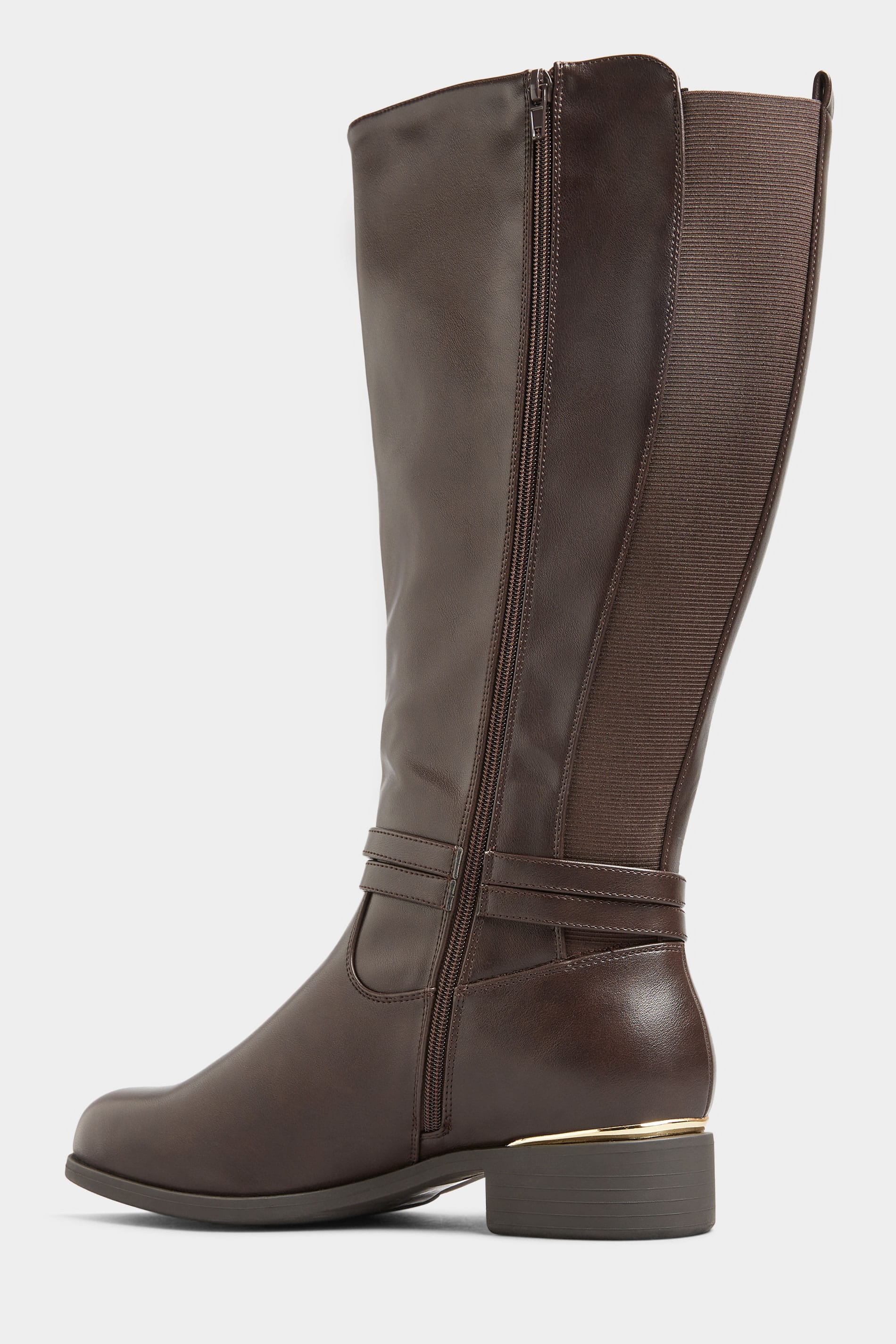 Brown Vegan Faux Leather Wrap Trim Knee High Boots In Extra Wide Fit Yours Clothing