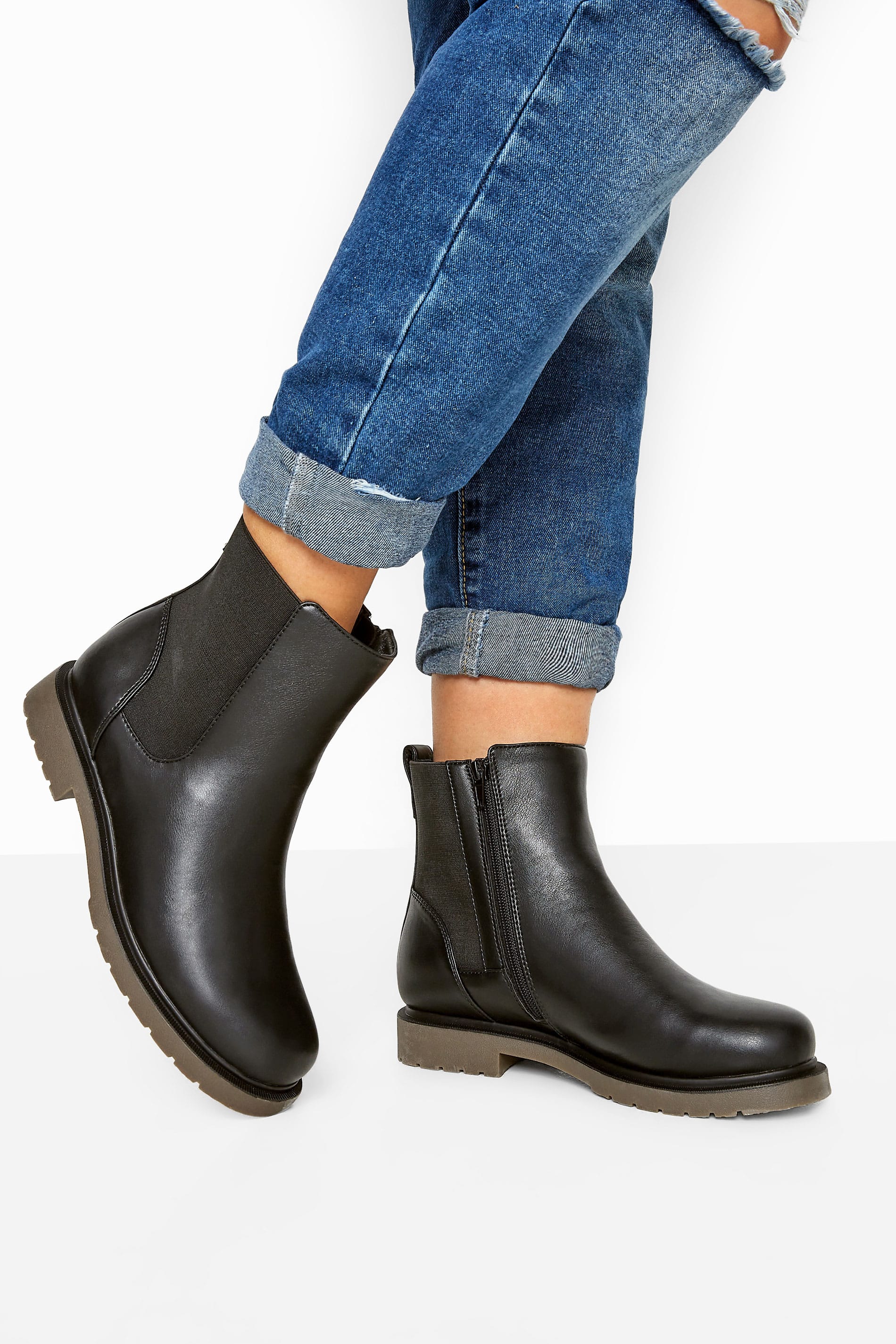Black Vegan Faux Leather Chunky Chelsea Boots In Extra Wide EEE Fit 1