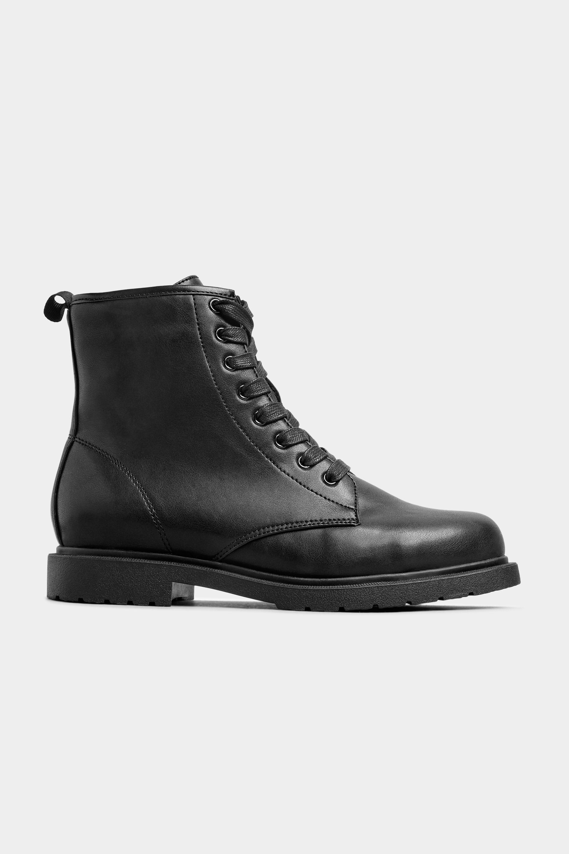 Black Vegan Faux Leather Lace Up Ankle Boots In Extra Wide Fit | Yours ...