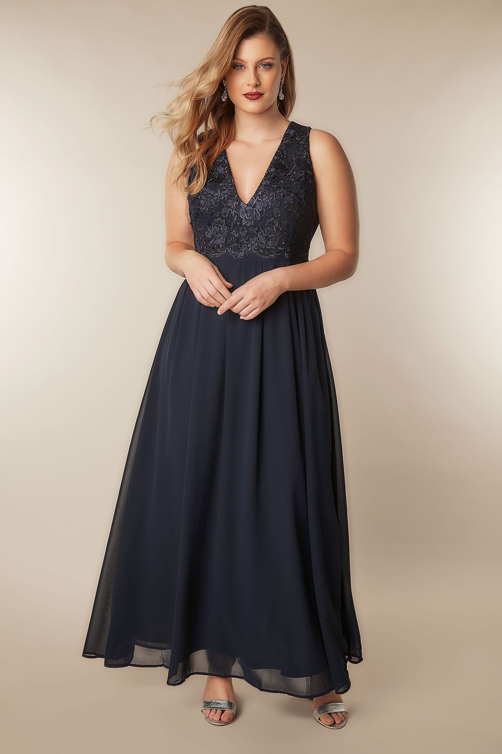 AX PARIS CURVE Navy Maxi Dress With Lace Overlay Bodice, Plus size 16 to 26