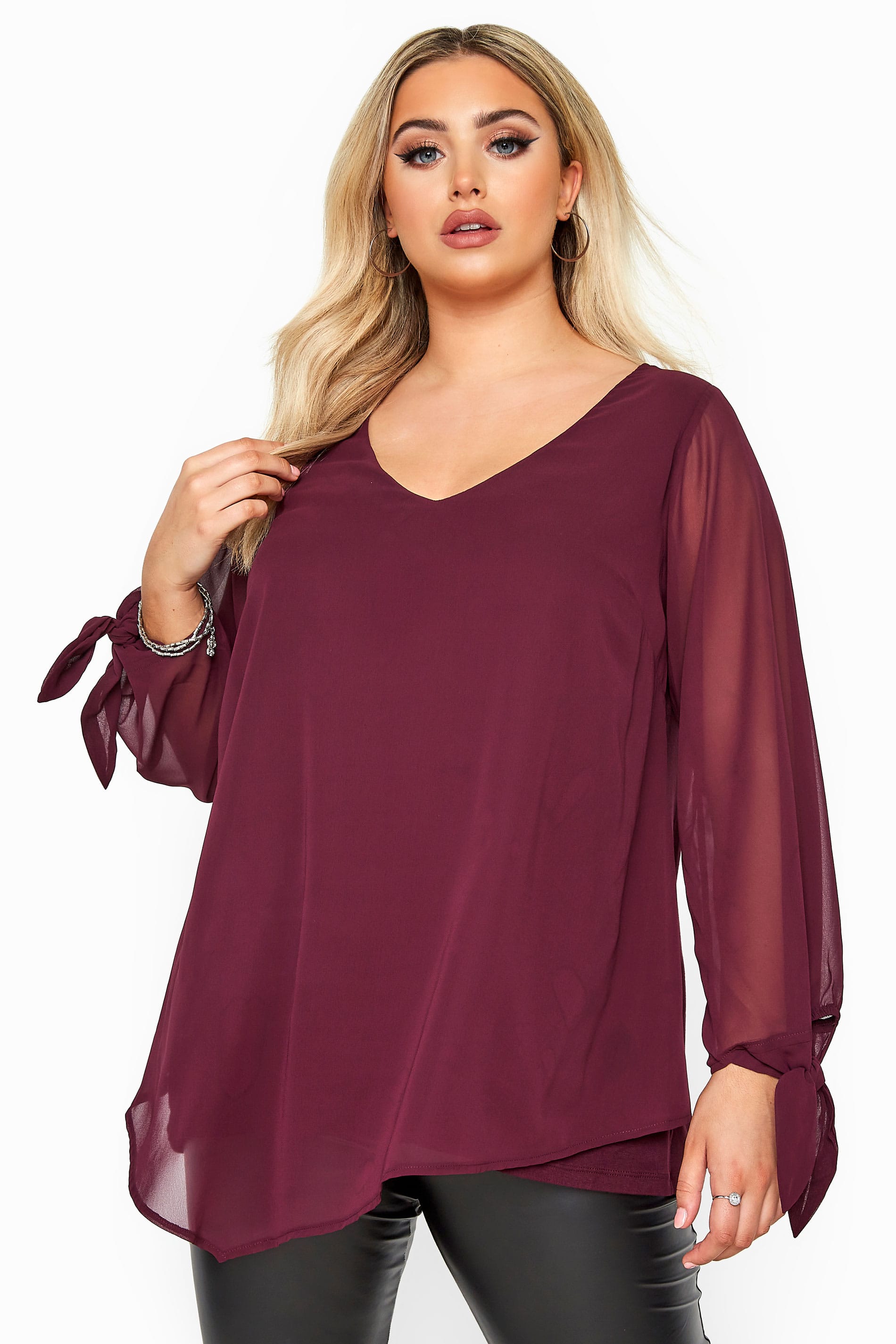 YOURS LONDON Wine Red Chiffon Tie Sleeve Blouse | Yours Clothing