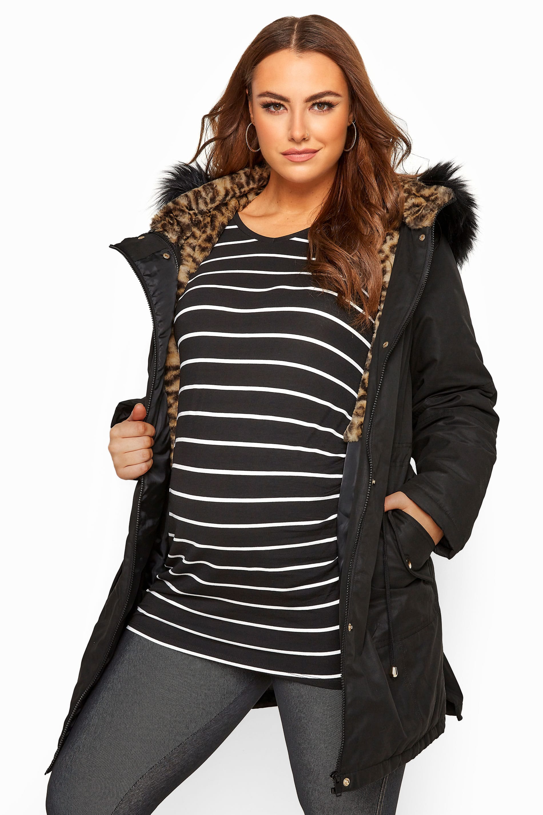 BUMP IT UP MATERNITY Black Animal Print Faux Fur Parka Coat | Yours