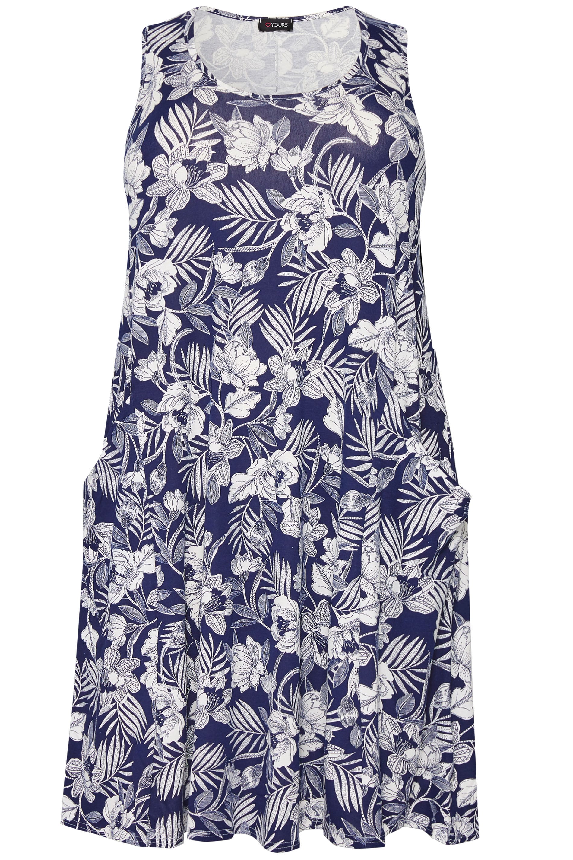 Blue Tropical Sleeveless Drape Pocket Dress | Yours Clothing