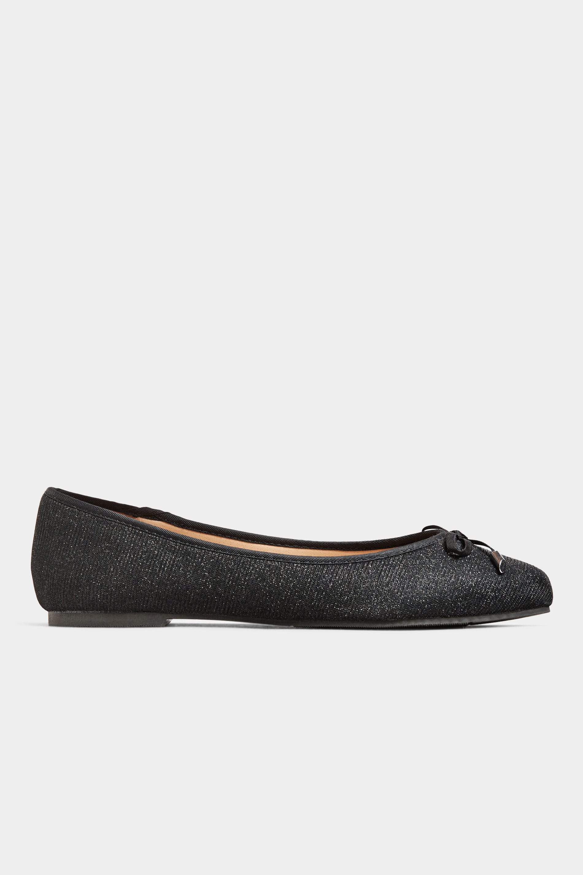 Black Glitter Bow Ballerina Pumps In Extra Wide Fit | Yours Clothing