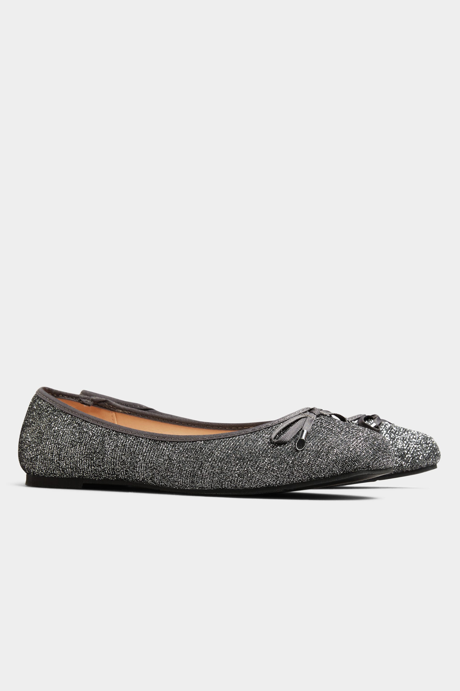Grey Glitter Bow Ballerina Pumps In Extra Wide Fit | Yours Clothing 1