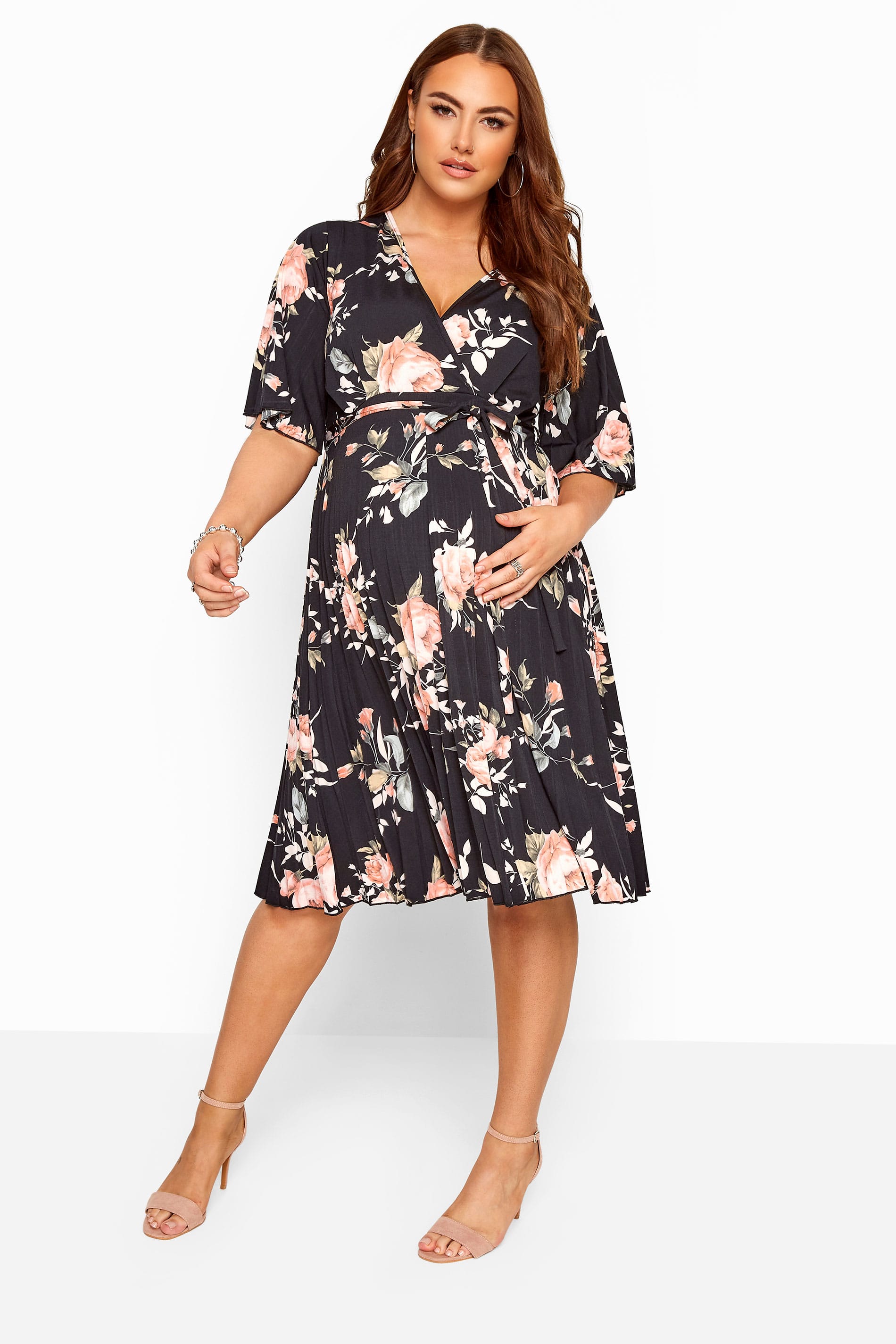 BUMP IT UP MATERNITY Black Floral Pleated Wrap Dress | Yours Clothing