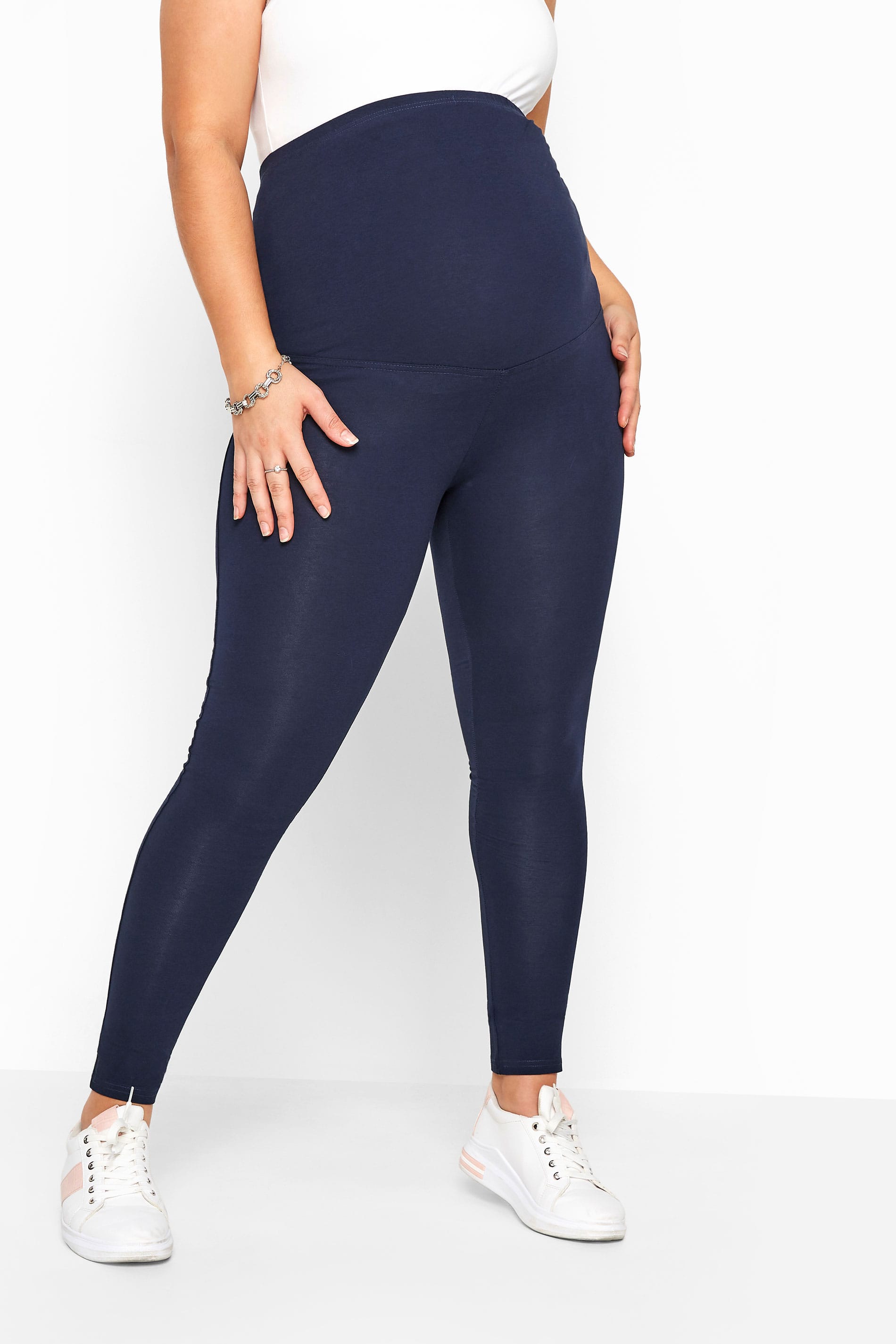 BUMP IT UP MATERNITY Curve Navy Blue Cotton Essential Leggings With Comfort Panel 1
