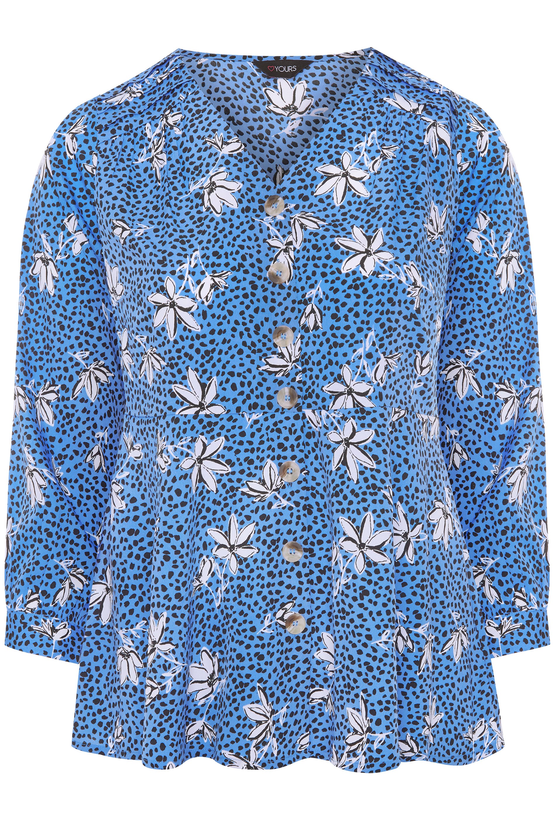Blue Floral Button Peplum Blouse | Yours Clothing