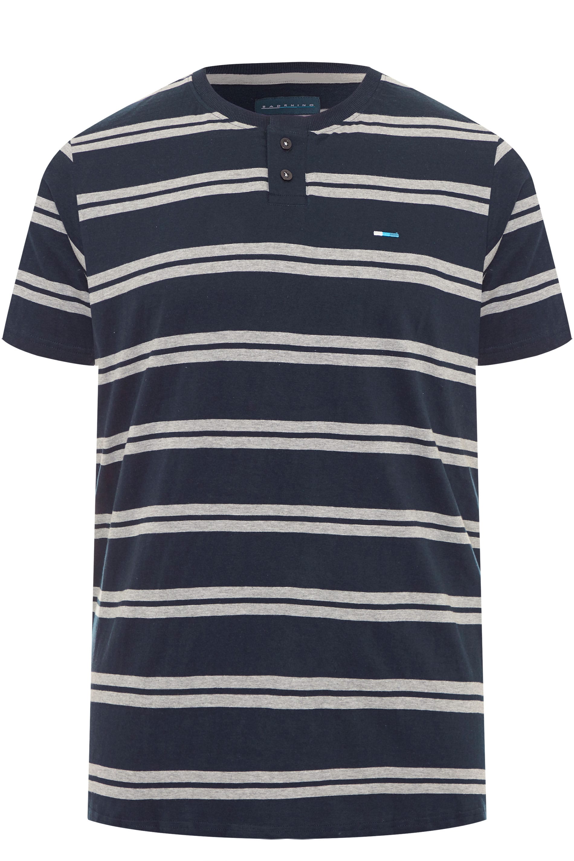 BadRhino Big & Tall Navy Blue & Grey Striped Grandad T-Shirt 1