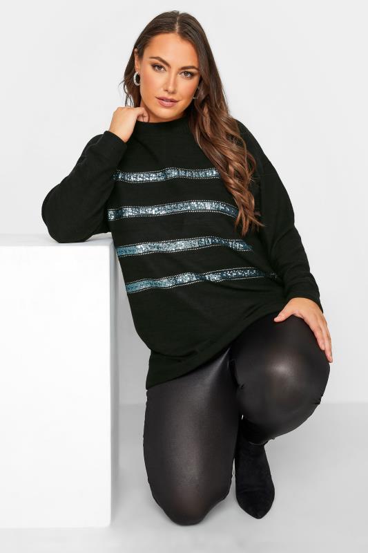 Plus Size  YOURS Curve Black & Blue Glitter Stripe Print Soft Touch Long Sleeve Top
