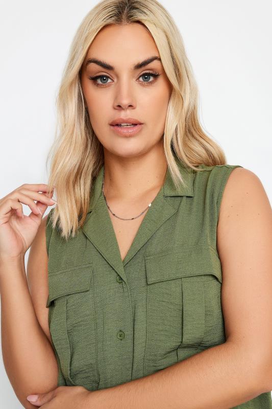 YOURS Plus Size Khaki Green Sleeveless Utility Shirt | Yours Clothing 4