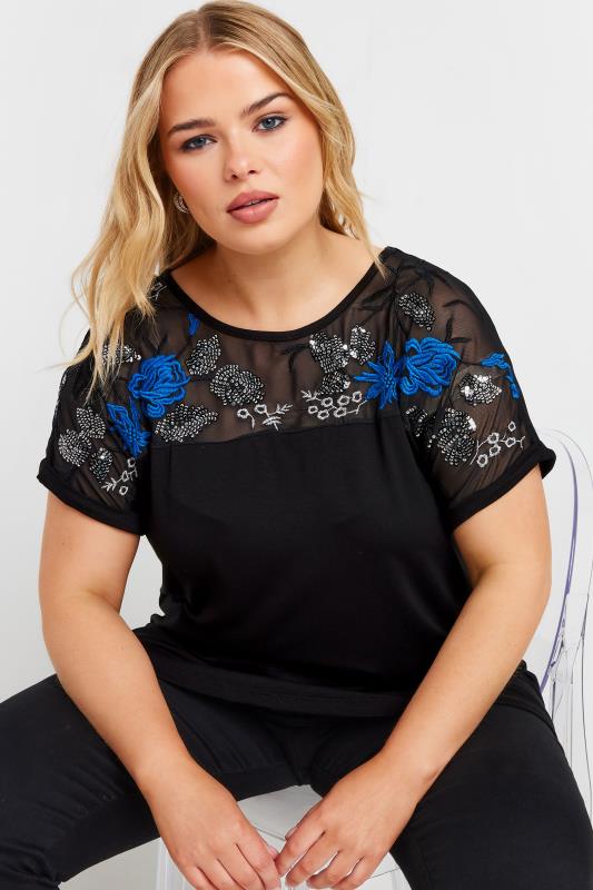 YOURS Plus Size Black & Blue Mesh Embellished Swing Top | Yours Clothing  2