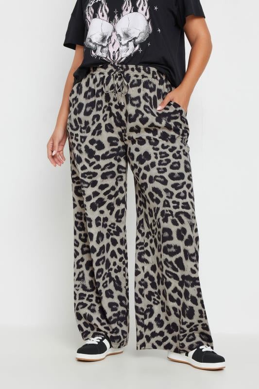 Plus Size  YOURS Curve Grey Leopard Print Wide Leg Trousers