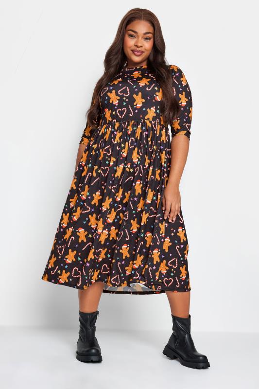 LIMITED COLLECTION Plus Size Black Gingerbread Print Christmas Smock Dress | Yours Clothing  2
