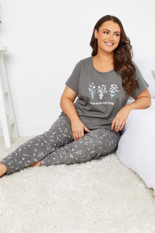YOURS Curve Grey 'Grow With The Flow' Pyjama Dipped Top | Yours Clothing 5