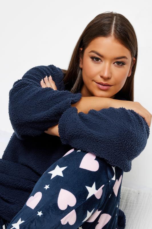 YOURS Plus Size Navy Blue Star & Heart Print Teddy Fleece Lounge Set | Yours Clothing 5