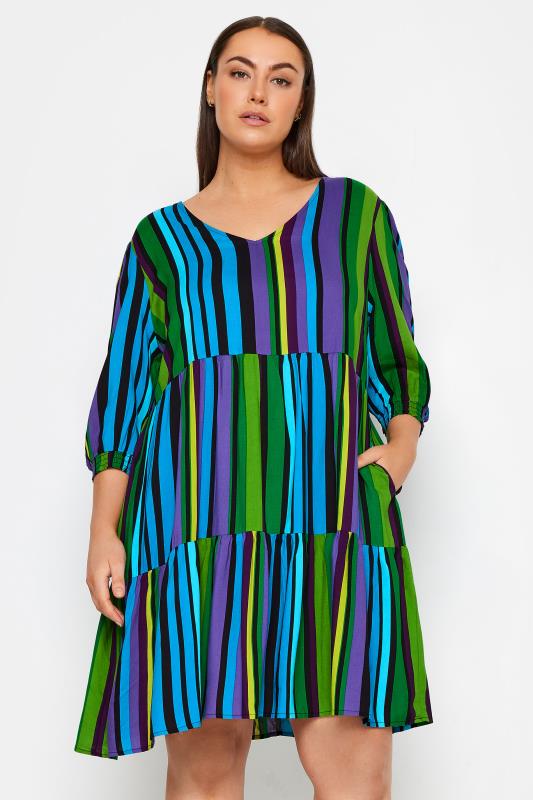 Plus Size  Evans Black & Green Striped Tiered Smock Dress