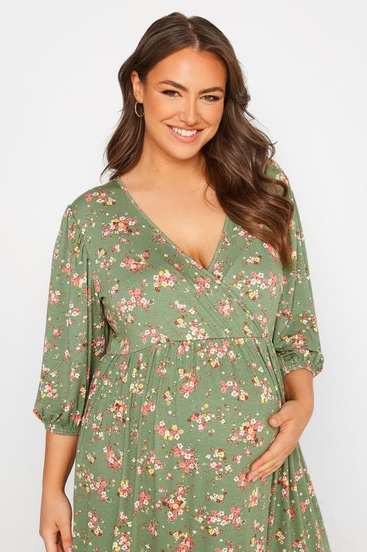 BUMP IT UP MATERNITY Plus Size Green Floral Print Tiered Wrap Dress | Yours Clothing  4