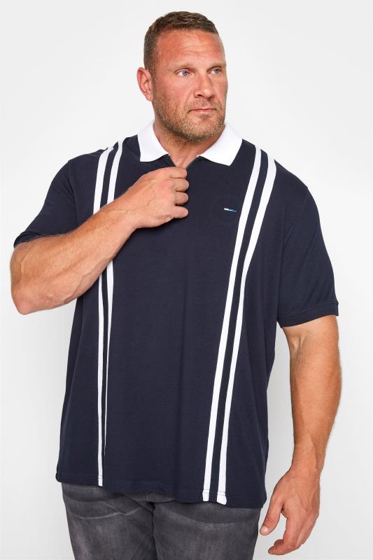 BadRhino Big & Tall Navy Blue & White Contrast Striped Polo Shirt 1