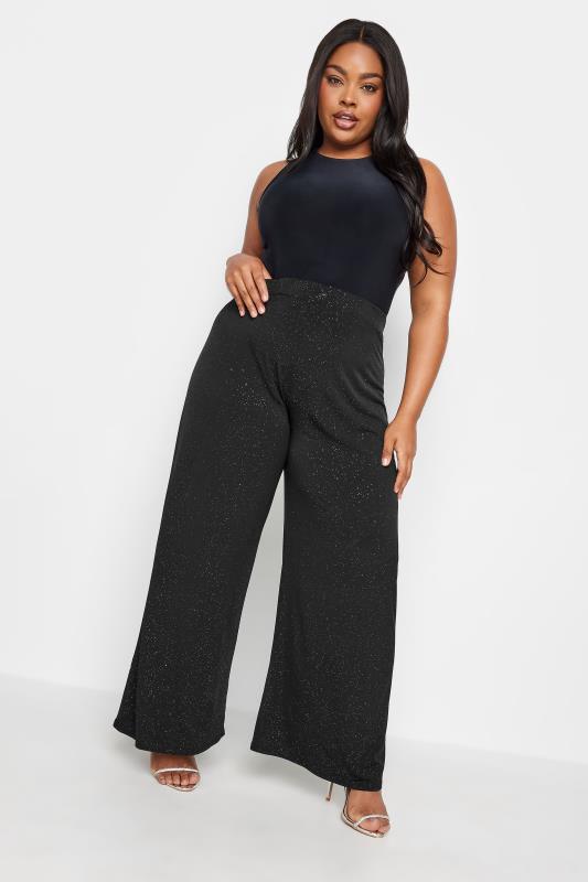 YOURS Plus Size Black Glitter Wide Leg Trousers | Yours Clothing 2