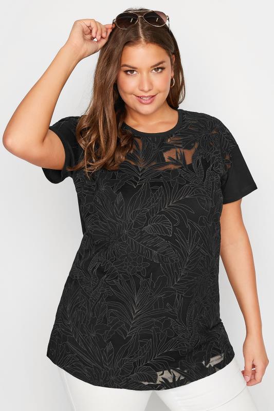 Plus Size Black Tropical Print Mesh T-Shirt | Yours Clothing 1