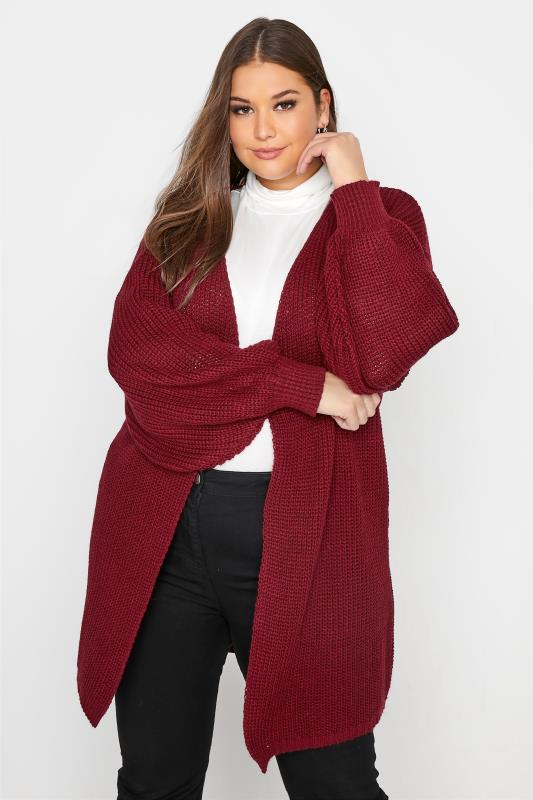 Curve Burgundy Red Balloon Sleeve Knitted Cardigan_A.jpg