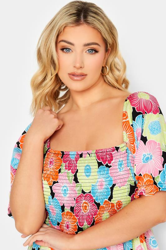 YOURS Plus Size Pink & Blue Floral Print Shirred Maxi Dress | Yours Clothing 4