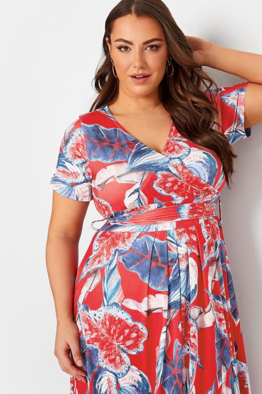 YOURS Curve Plus Size  Red Leaf Print Maxi Wrap Dress | Yours Clothing  4