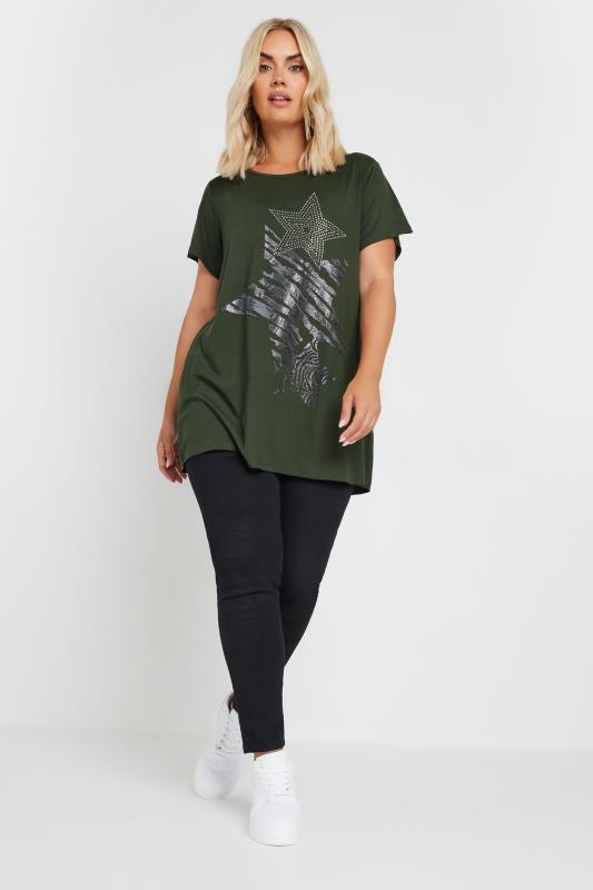 YOURS Plus Size Green Glitter Star Print T-Shirt | Yours Clothing 3