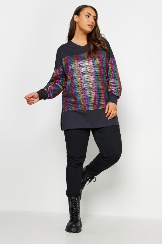YOURS Plus Size Black Rainbow Metallic Stripe Top | Yours Clothing 2