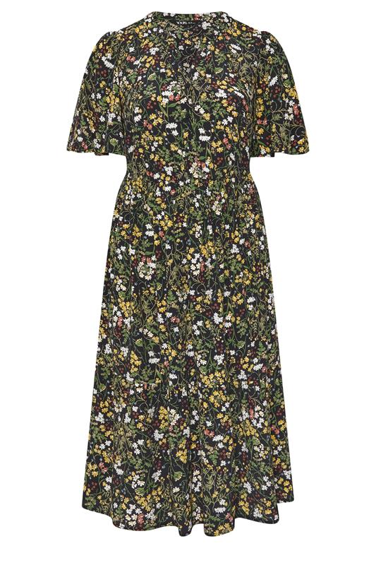 YOURS Plus Size Black Floral Placket Midi Dress | Yours Clothing 1