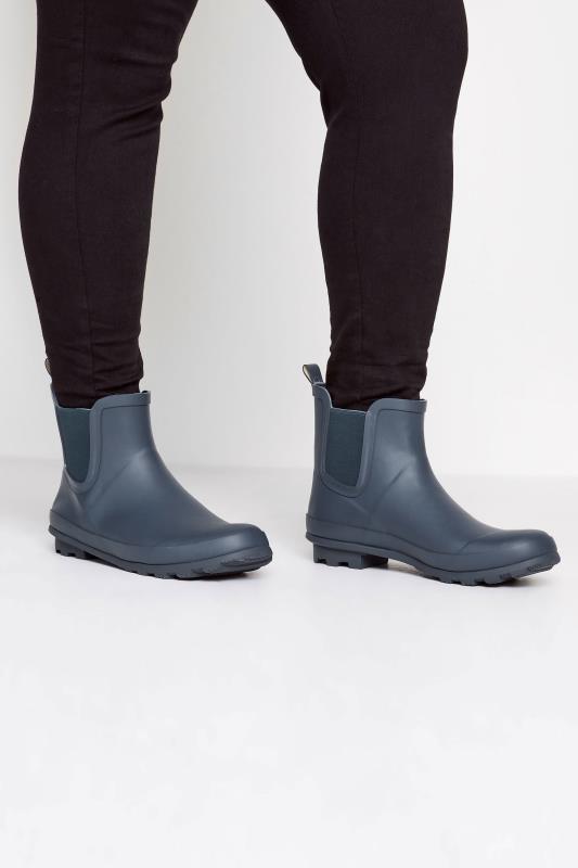 Plus Size  Navy Blue Chelsea Wellies In Wide E Fit