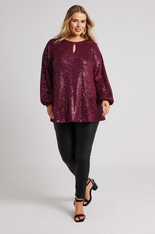 YOURS LONDON Plus Size Burgundy Red Sequin Keyhole Top | Yours Clothing 3