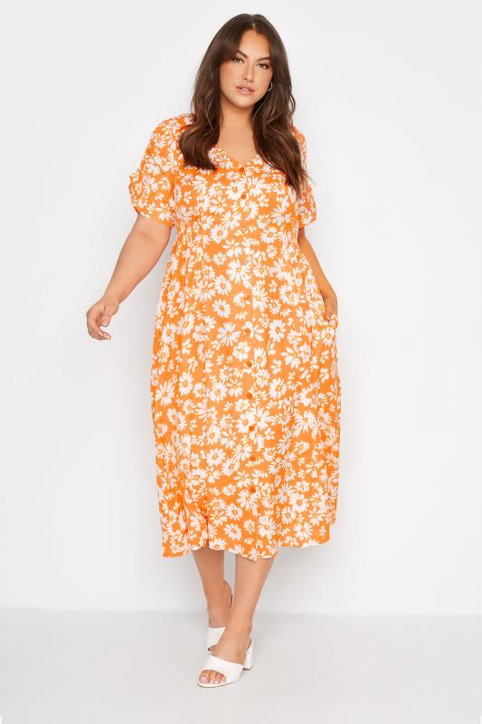 LIMITED COLLECTION Plus Size Orange Daisy Tea Dress | Yours Clothing 2