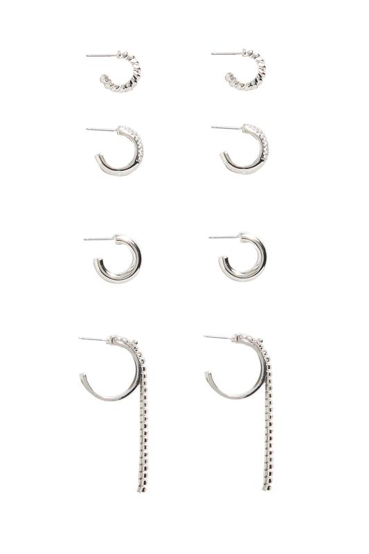 4 PACK Silver Tone Assorted Diamante Hoop Earrings 3