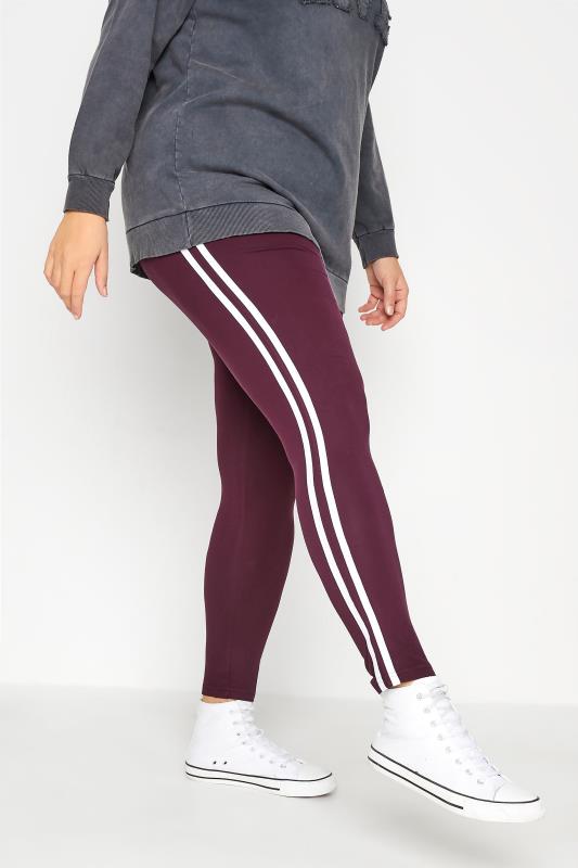 Plus Size  YOURS Curve Burgundy Red Side Stripe Stretch Leggings