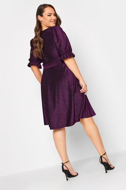 YOURS LONDON Plus Size Purple Glitter Puff Sleeve Midi Dress | Yours Clothing 3